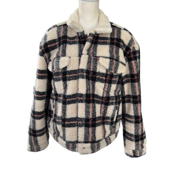 Levi’s Plaid Ex Boyfriend Sherpa Trucker Jacket Black Pink Size Large - Picture 1 of 12